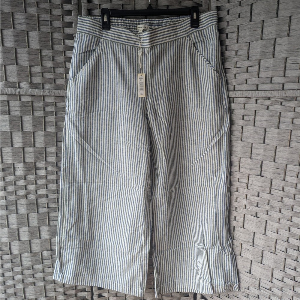Blue White Green Striped Linen Blend Wide Leg Cropped Pants Sz XL Hamptons NWT